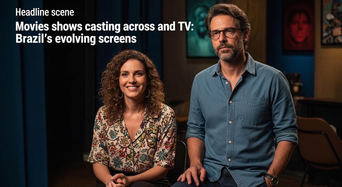 Editorial collage showing actors and Brazilian cityscape, representing cross-media casting across Movies and TV