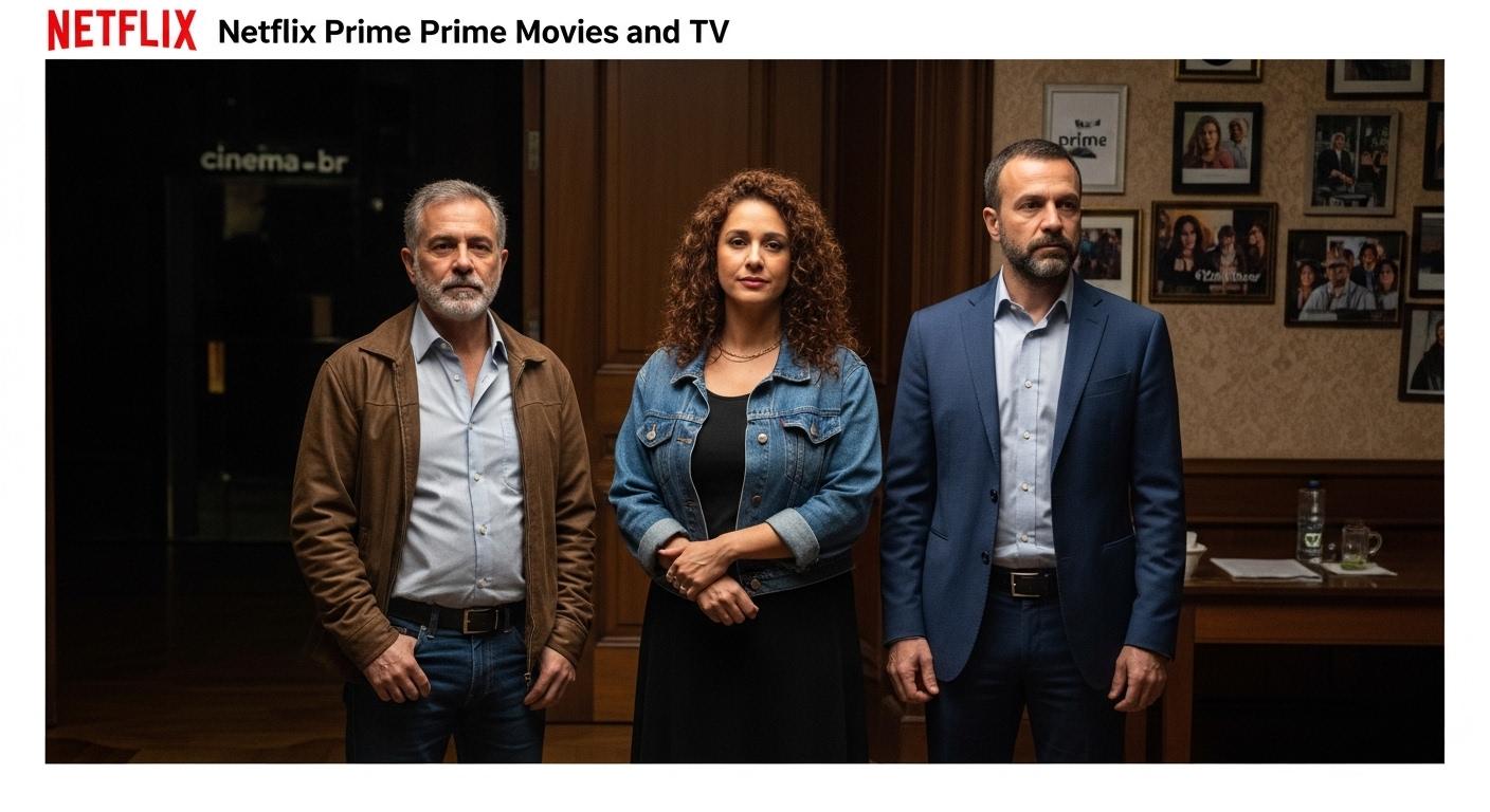 Living room in Brazil with Netflix and Prime Video interfaces displayed on a TV screen.