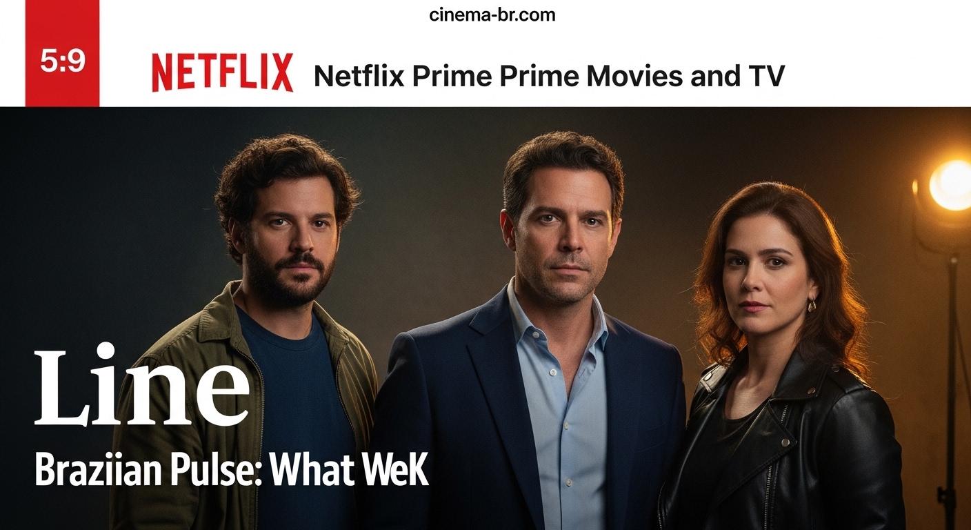 Screens displaying Netflix and Prime Video banners with a Brazilian city skyline in the background.