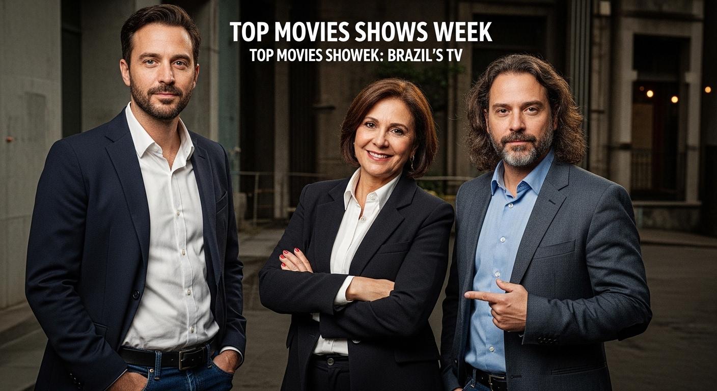 Brazilian cinema and television collage with posters and neon city lights