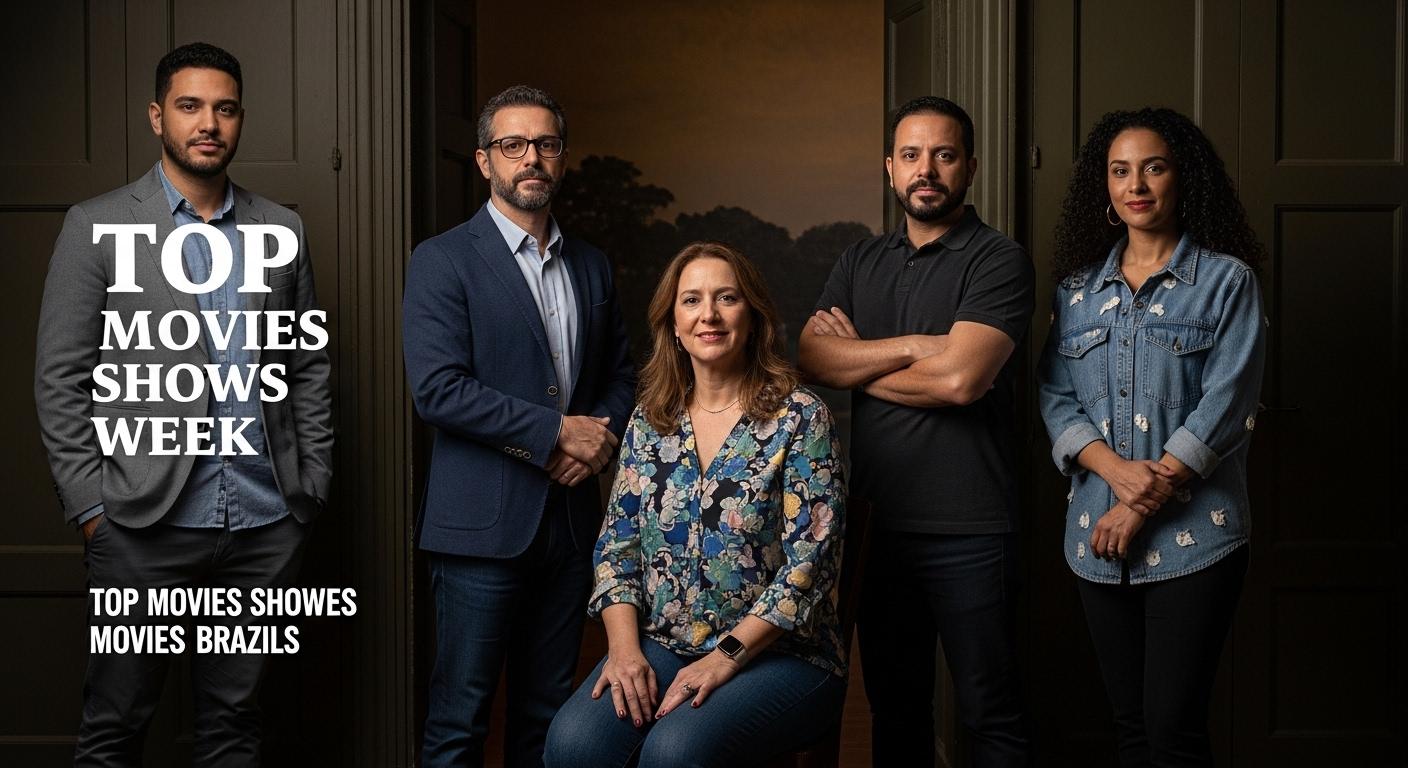 Brazilian cinema and television collage with posters and neon city lights